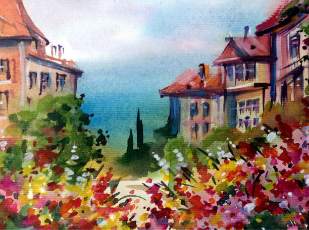 水彩彩色明亮纹理抽象背景手工制作。地中海风景。古城建筑和植被的绘画图片下载