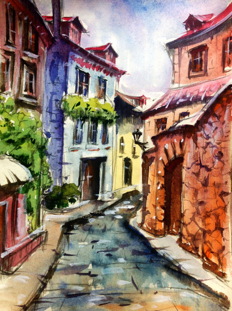 水彩彩色明亮纹理抽象背景手工制作。地中海风景。古城建筑和植被的绘画图片下载