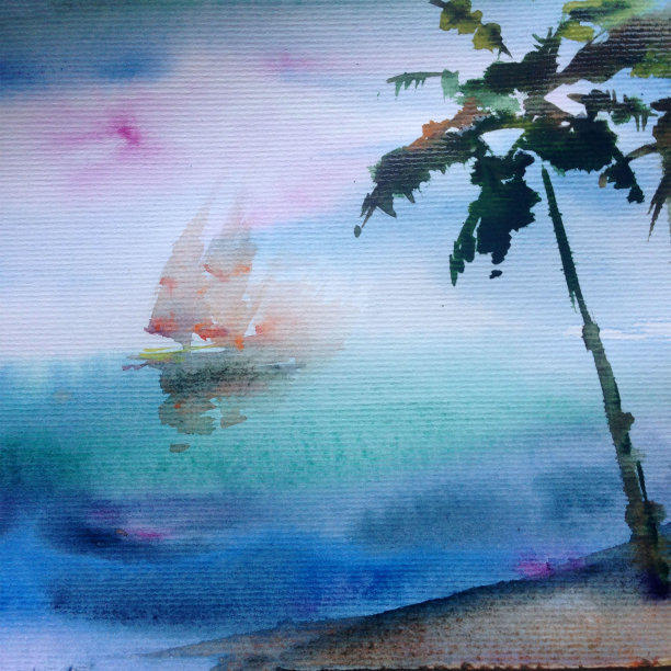 水彩彩色明亮纹理抽象背景手工制作。地中海风景。古城建筑和植被的绘画图片下载