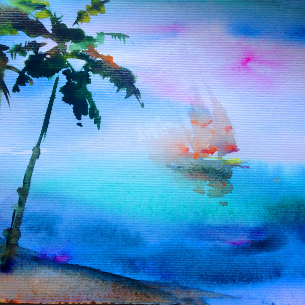 水彩彩色明亮纹理抽象背景手工制作。地中海风景。古城建筑和植被的绘画图片下载