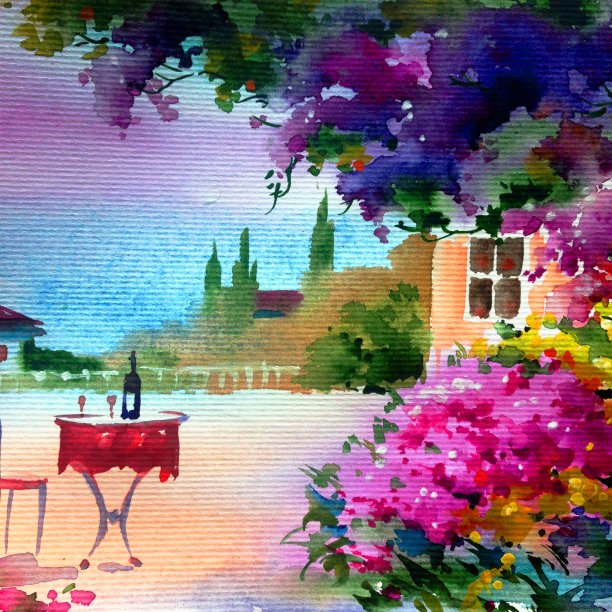 水彩彩色明亮纹理抽象背景手工制作。地中海风景。古城建筑和植被的绘画图片下载