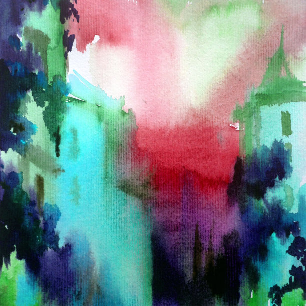 水彩彩色明亮纹理抽象背景手工制作。地中海风景。古城建筑和植被的绘画图片下载