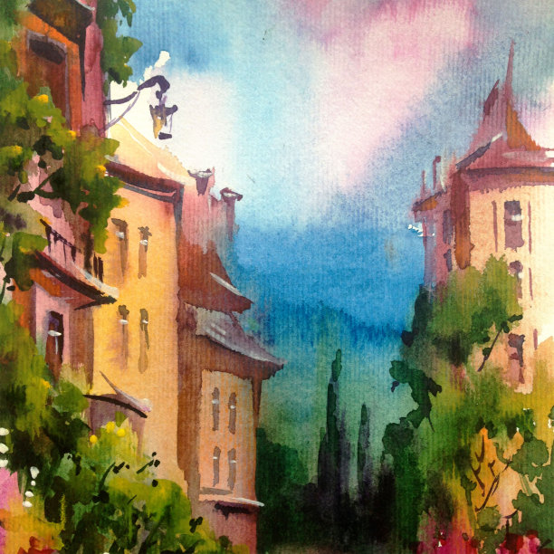 水彩彩色明亮纹理抽象背景手工制作。地中海风景。古城建筑和植被的绘画图片下载