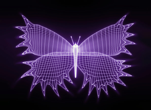 风格化发光的蝴蝶与开放的翅膀在黑色背景，3d渲染图片下载