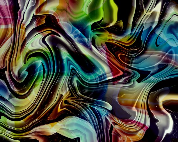 现代醇墨纹理，以白、蓝、绿三色画在黑色底色上，艺术墨纹理图片下载