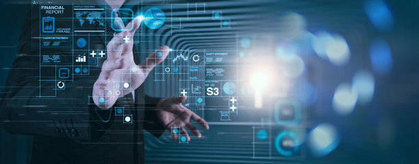 财务报告以企业经营数据、资产负债表和损益表及图表为未来概念。商人手操作现代创新电脑仪表板。图片下载