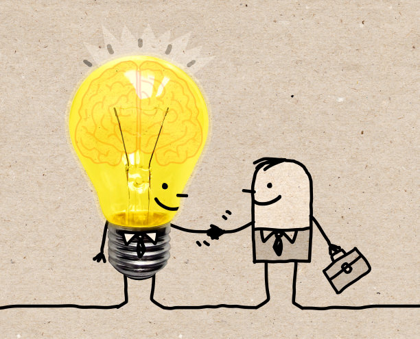 卡通商人与有趣的灯泡人物握手图片下载