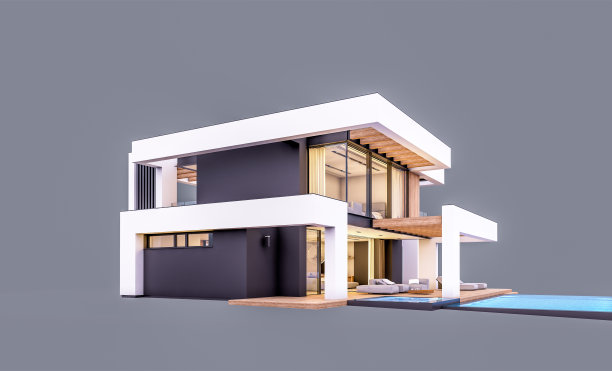 现代住宅的三维渲染，豪华的风格在晚上孤立在灰色上图片下载