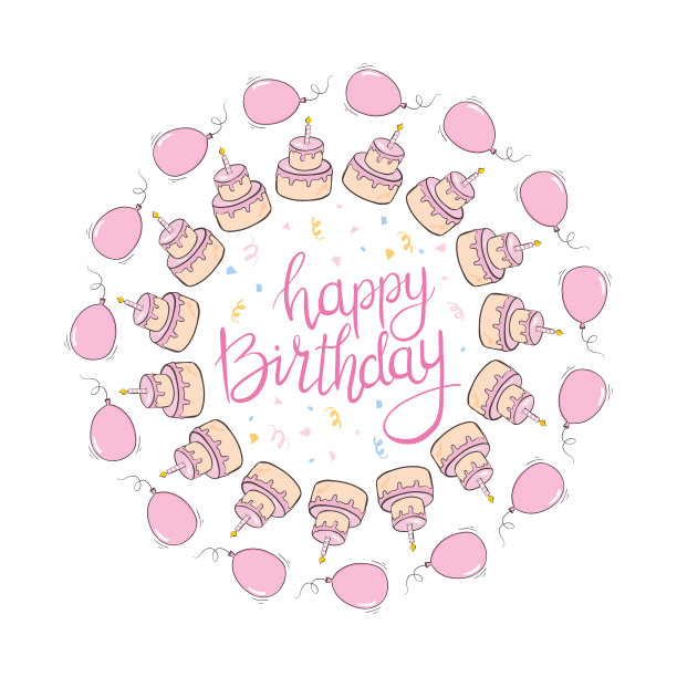 创意生日快乐祝福背景。蛋糕用手画墨笔画。矢量图图片下载