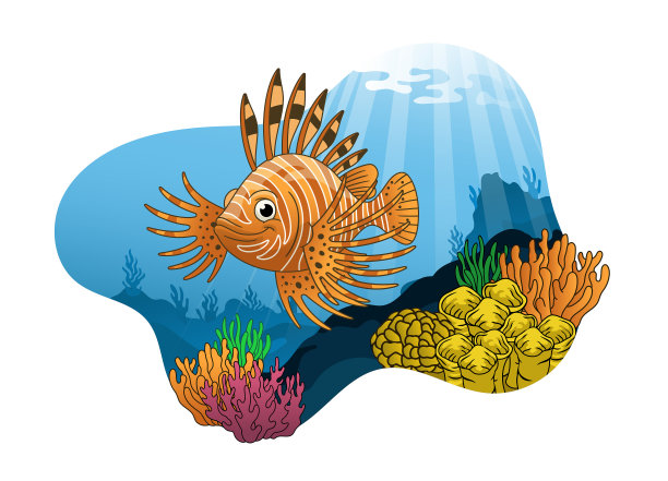 卡通狮子鱼在珊瑚栖息地图片下载