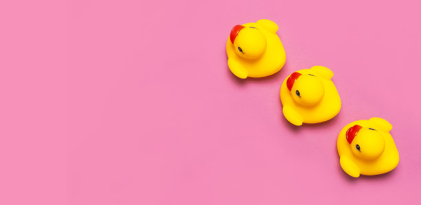 潮流充气游泳儿童玩具。粉红色背景上三只黄色的小鸡或小鸭，泳池漂浮派对。平铺复制空间。创意夏日海滩概念。布局设计图片下载