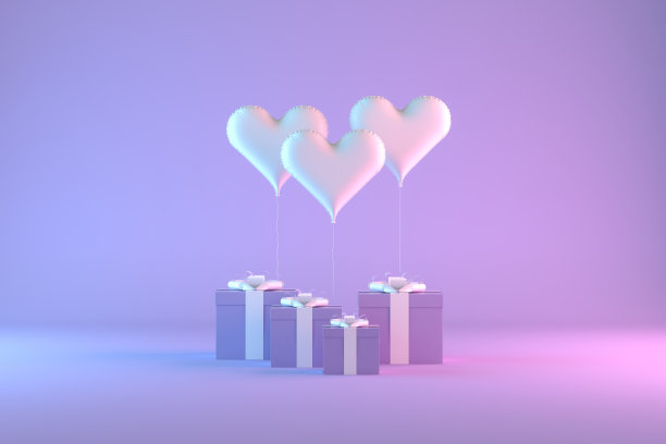 情人节心形气球和礼品盒霓虹灯图片下载