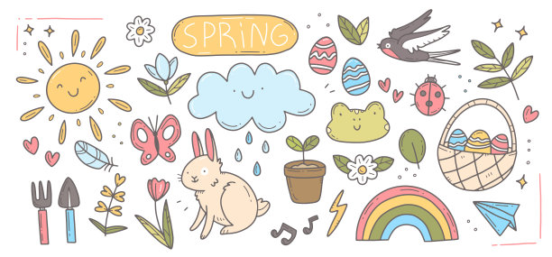 春天涂鸦集。可爱的一套春天剪纸，复活节元素。孤立的插图。图片下载