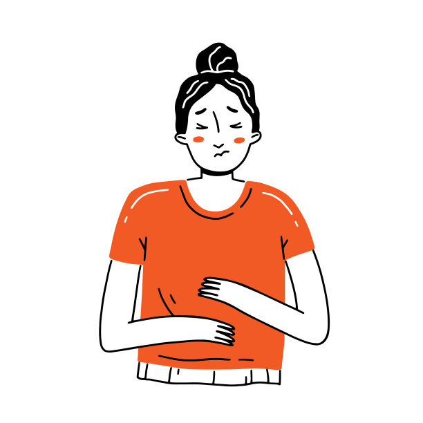 这个年轻的女孩胃疼。简单风格的卡通涂鸦风格的女人角色。图片下载