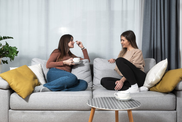 一个年轻的女学生想租一间舒适的公寓住，而她正在上大学，她和她的女学生坐在沙发上讨论价格条款和义务图片下载