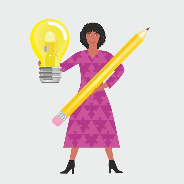 拿着灯泡和笔的女人（穿着拼图连衣裙的矢量插画）图片下载