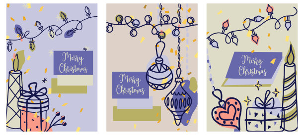 圣诞快乐贺卡套装。邀请卡，祝贺，圣诞老人寄来的礼物模板。与圣诞小玩意，礼品盒，花环的复古印花。卡在流行的颜色。圣诞节图片下载