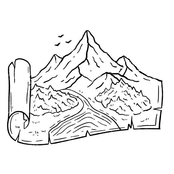 雕刻风格的山脉。景观上的地图。石峰和大自然。在高地进行复古旅行和徒步旅行。中世纪古老的手稿图片下载