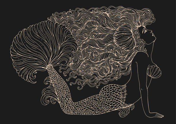 矢量画奇妙的海美人鱼与发展的长波浪头发装饰睡莲。海神一条茂盛的鳍尾躺在海底看。图案童话装饰浅黄色孤立在棕色背景上图片下载