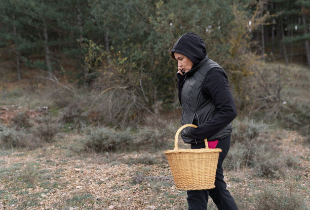 一个穿着连帽衫的女人在用篮子找蘑菇的时候打电话图片下载