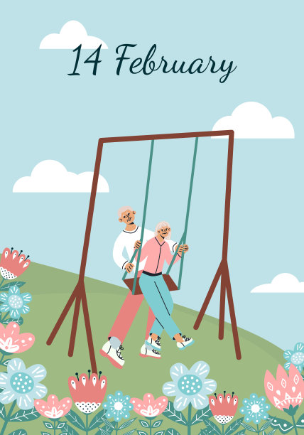 情人节庆祝快乐。2月14日贺卡可爱的老夫妇，鲜花和心。一位老人在秋千上摇她的妻子。流行的颜色的平面矢量插图图片下载
