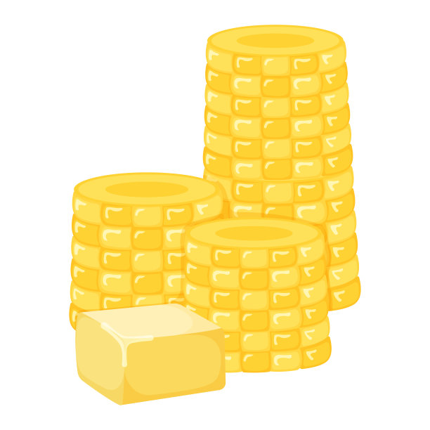 含乳制品天然成分的甜玉米棒，黄油，人造黄油图标，早餐有机乳制品卡通矢量插图，隔离在白色上。图片下载