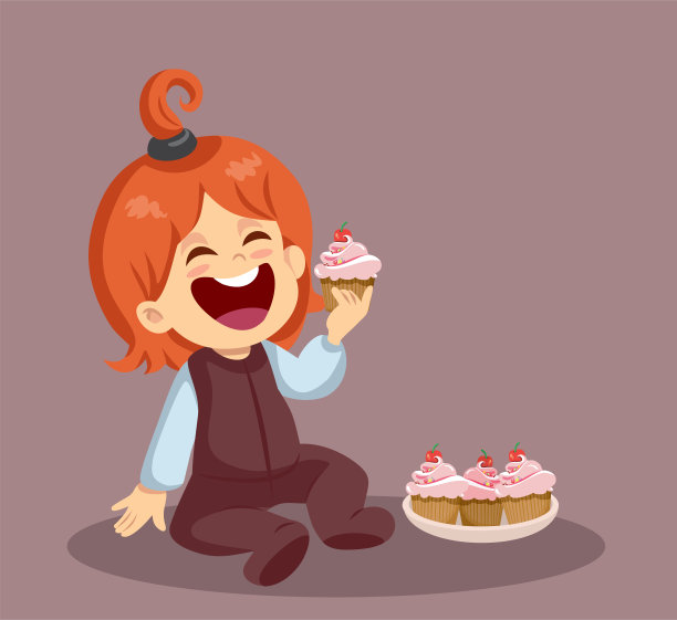 小蹒跚学步的孩子吃甜纸杯蛋糕矢量卡通插图图片下载