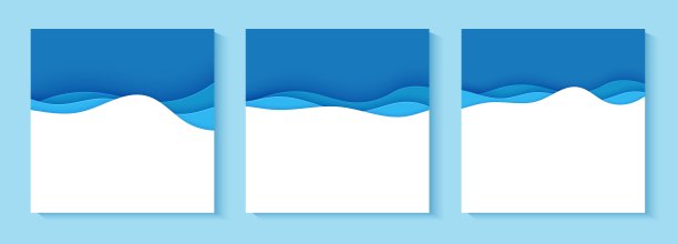 一套剪纸风格的蓝色波浪传单。为环保或世界水日收集三幅剪纸艺术空横幅。矢量广告海报模板拯救海洋日6月8日。图片下载