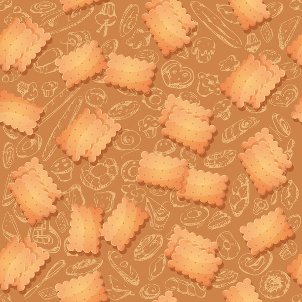 烘焙无缝模式。在彩色背景上手工制作饼干和图画。美丽的装饰性面团甜点，卡通风格。节日矢量插图在EPS 10格式。图片下载