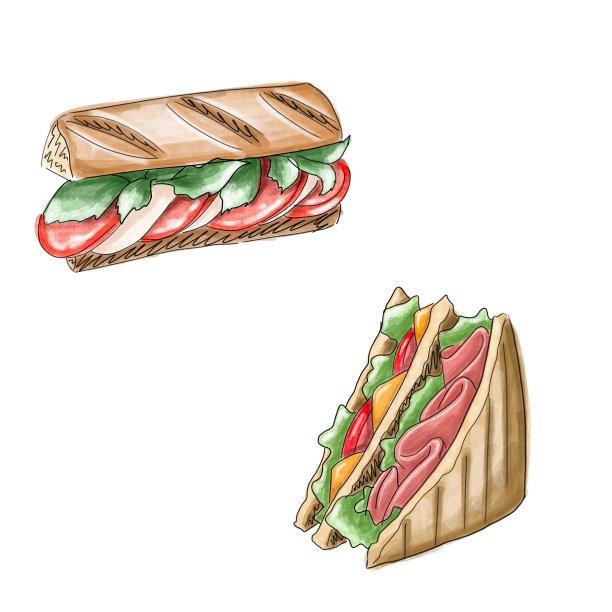 手绘数字插图快餐孤立在白色。三明治,汉堡包,汉堡包。美味的卡通食品图片下载