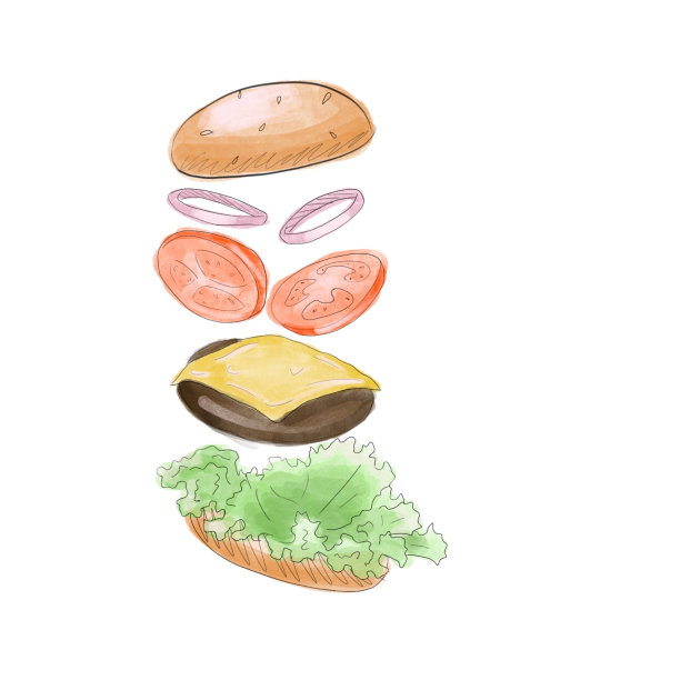 手绘数字插图快餐孤立在白色。三明治,汉堡包,汉堡包。美味的卡通食品图片下载