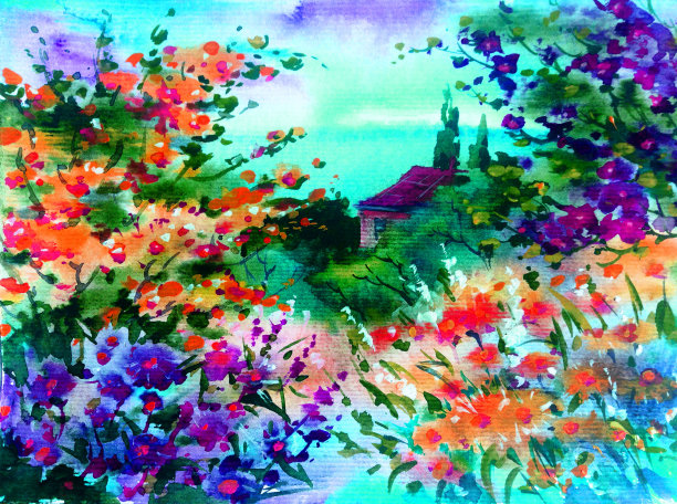 水彩彩色明亮纹理抽象背景手工制作。地中海风景。村庄的建筑和植被的绘画图片下载