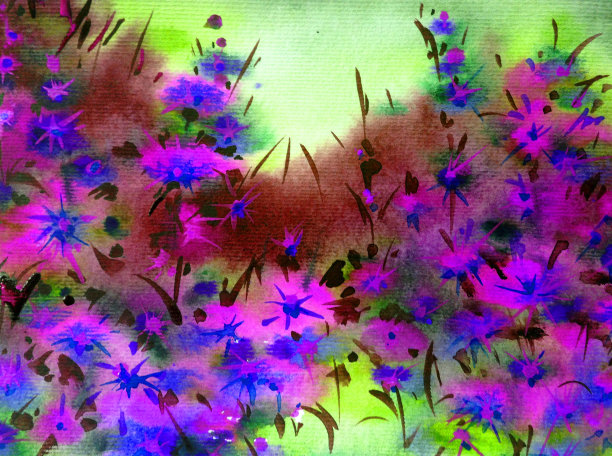 水彩彩色明亮纹理抽象背景手工制作。地中海风景。村庄的建筑和植被的绘画图片下载