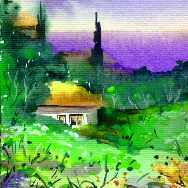 水彩彩色明亮纹理抽象背景手工制作。地中海风景。村庄的建筑和植被的绘画图片下载