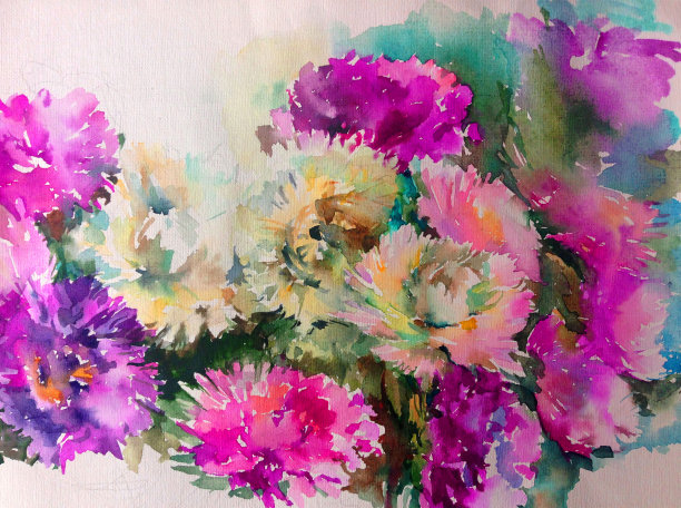 水彩彩色明亮纹理抽象背景手工制作。地中海风景。村庄的建筑和植被的绘画图片下载