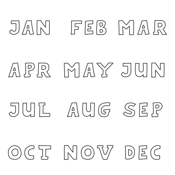 手工绘制的月名，以缩略形式，以涂鸦的风格孤立图片下载