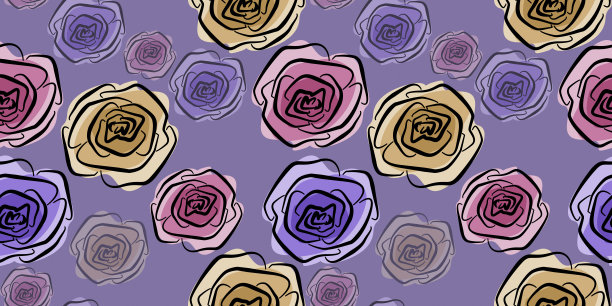 多色春天花无缝图案棕色，红色和粉红色线艺术紫罗兰背景玫瑰花。带包装的花卉元素图片下载