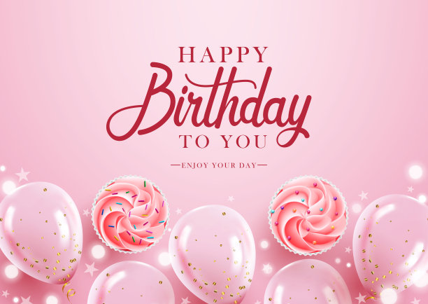 生日祝福矢量设计。生日快乐字体在粉红色的背景与可爱的纸杯蛋糕和气球的女孩生日庆祝对象。图片下载