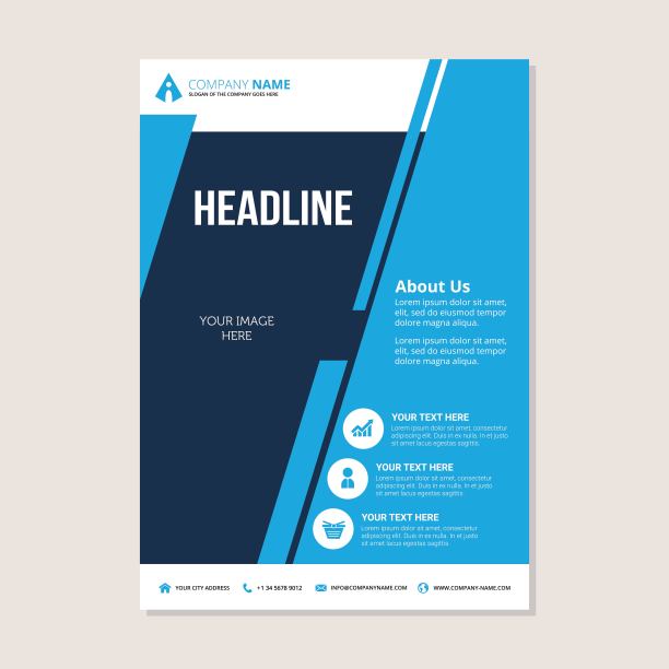公司业务年度报告宣传册及宣传单设计。传单表示。飞行与抽象几何背景。现代出版物海报杂志，版面模板A4传单图片下载