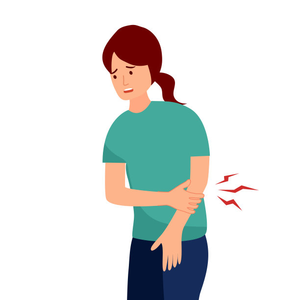 年轻女子手臂疼痛的平面设计在白色背景上。物理伤害。肌肉或骨骼问题。图片下载