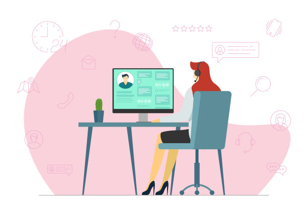 呼叫中心女接线员和热线服务图标。工作中的女性服务热线工作人员。在线客服部门员工，电话营销，咨询和援助中心热线图片下载