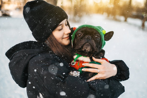 美丽的十几岁的女孩抱着一只法国斗牛犬在她的手臂在冬天。公园里遛狗的女孩图片下载