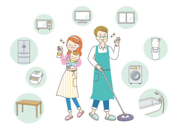 微笑的夫妇，家具和电器消毒的房子图片下载