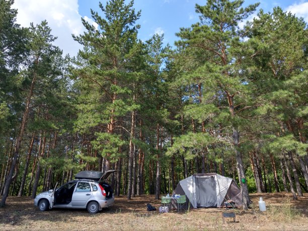 开着车和帐篷去大自然旅行，露营。图片下载