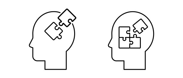 一个人的头部轮廓与拼图块矢量图标。用线条说明心理健康、商业或教育问题解决的概念图片下载