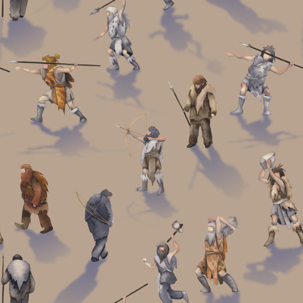 重复无缝的水彩图案，原始人类投下的阴影图片下载