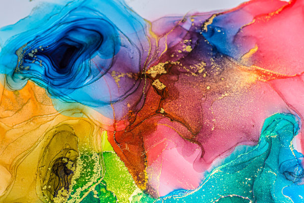 摘要亮泽亮泽的液体色背景，手绘的金色条纹酒精画，液体墨技术纹理用于高分辨率的背景设计图片下载