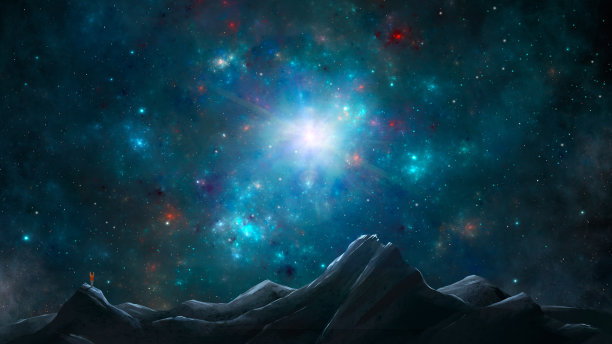 攀登者，穿夹克的人，站在山的彩色蓝色分形星云与星场和太阳。数字绘画，3D渲染图片下载