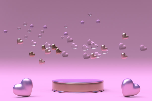 3D情人节粉红圆讲台，底座与飞翔的心。用于促销的浪漫爱情背景模板。图片下载