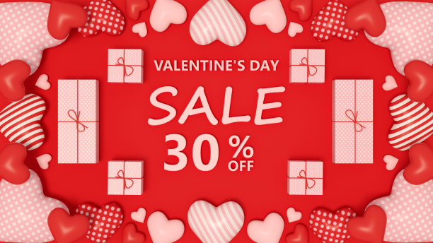情人节促销概念，30%，红色背景的心形和礼盒图片下载